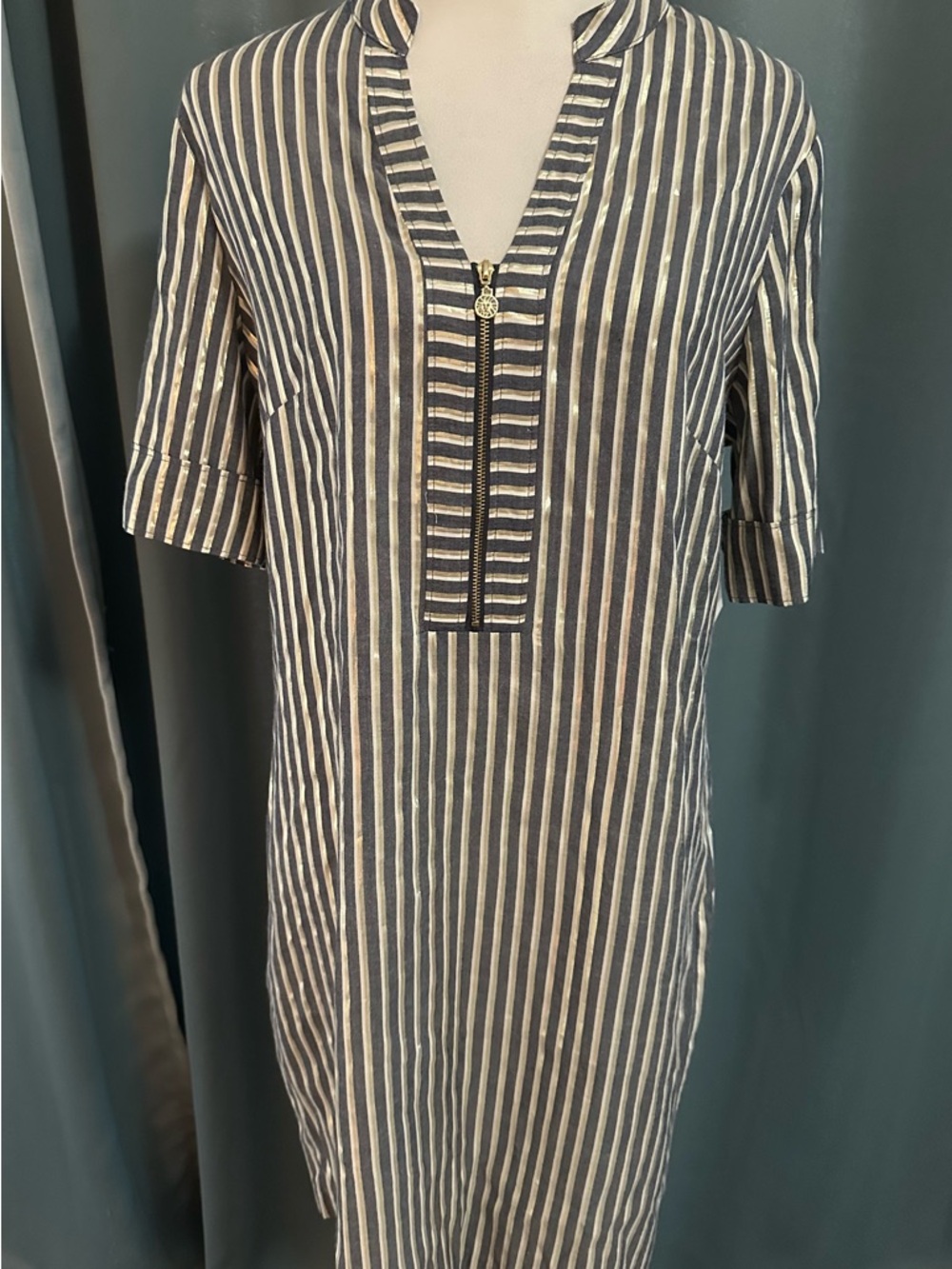 Anne Klein Dress Womens 12 NWT Navy Gold Silver Striped Metallic Shift Zip Front